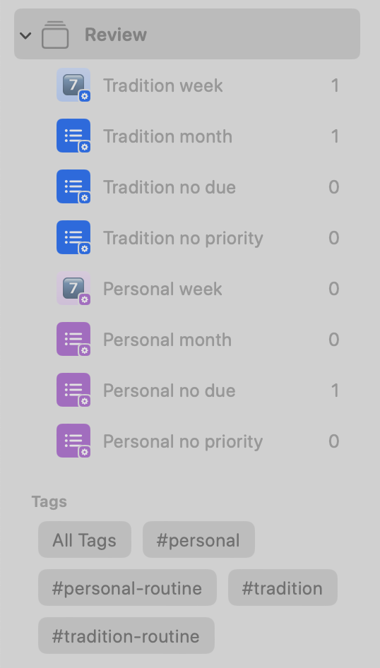Tags and smart lists from Apple Reminders to review the week