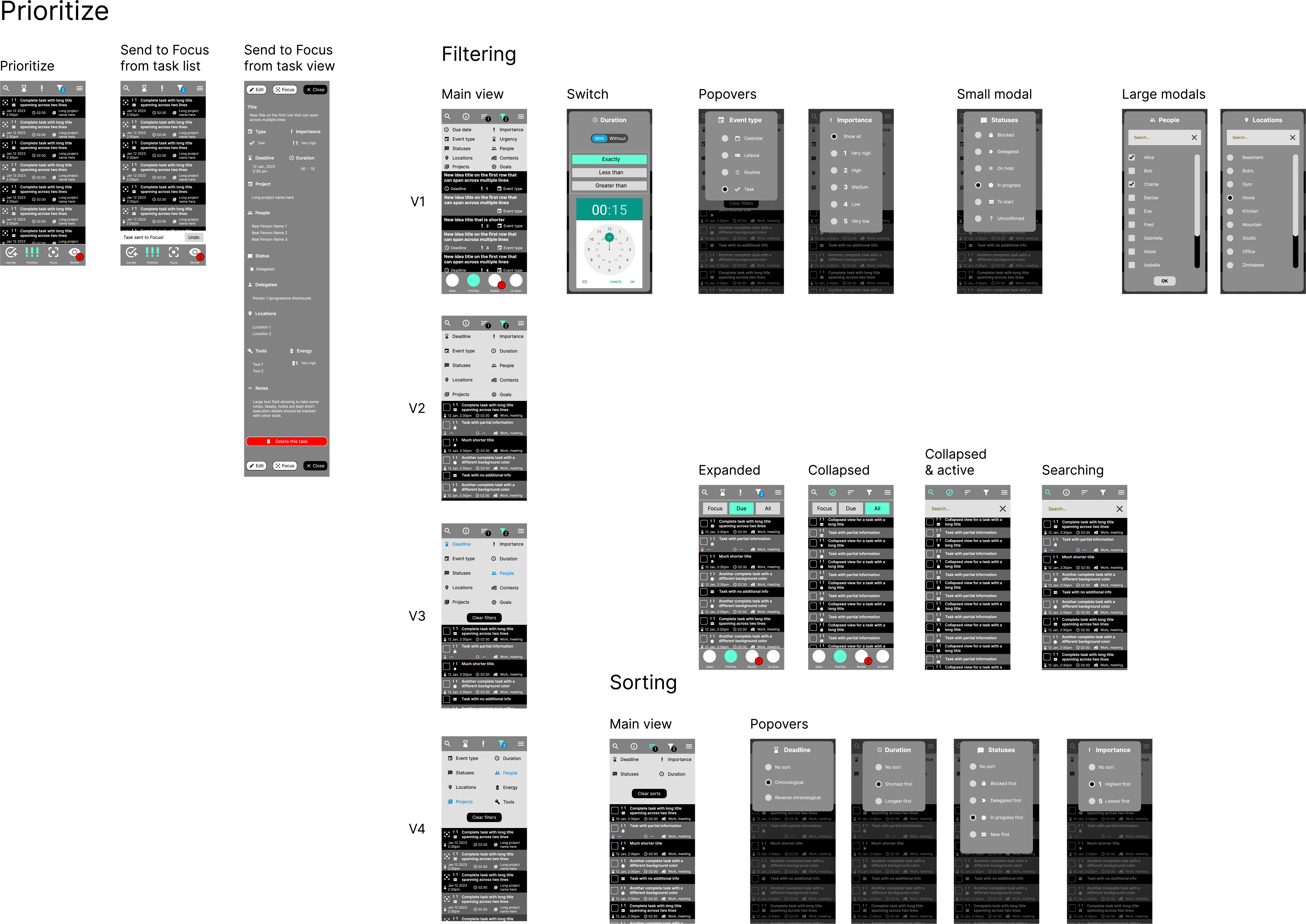 Some of the original wireframes for the Prioritize screen