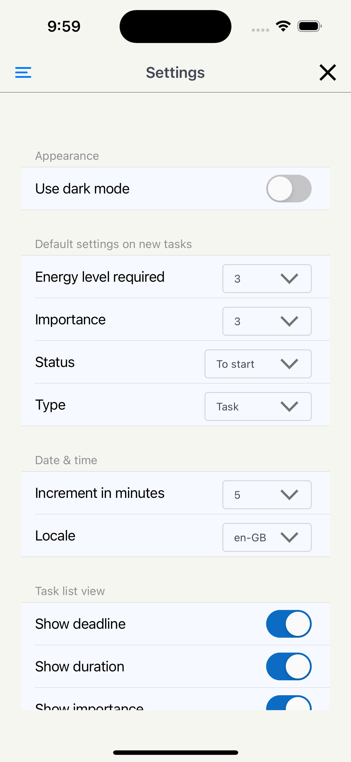 settings screen